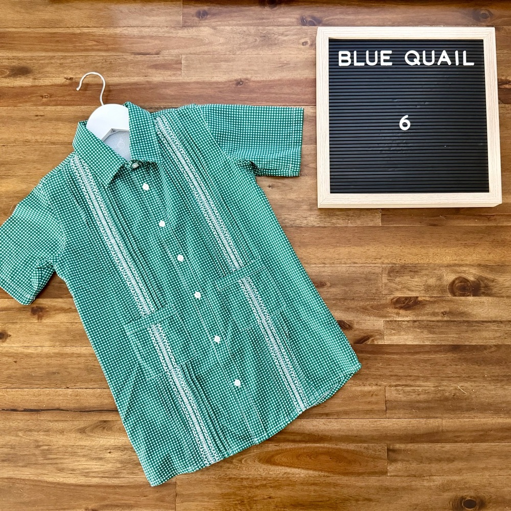 Blue Quail Girls Green White Gingham Short Sleeve Guayabera Dress 6 Summer
